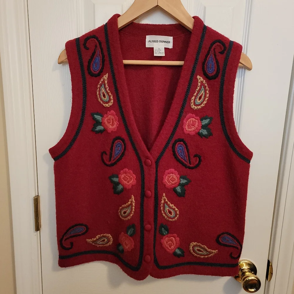 Alfred Dunner Vintage Wool Brick Red Embroidered Floral Paisley & Vest Size S
